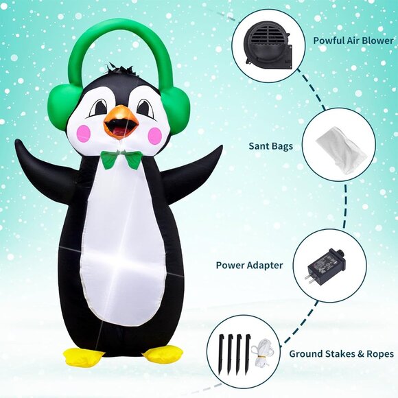 4ft Christmas Inflatable Penguin with Headphones for Indoor and Outdoor Display - Picture 5 of 7